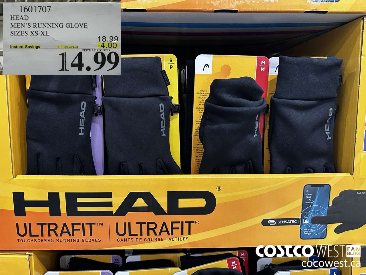 1601707 HEAD MEN'S RUNNING GLOVE SIZES XS-XL ($4.00 INSTANT SAVINGS EXPIRES ON 2025-09-28) $14.99