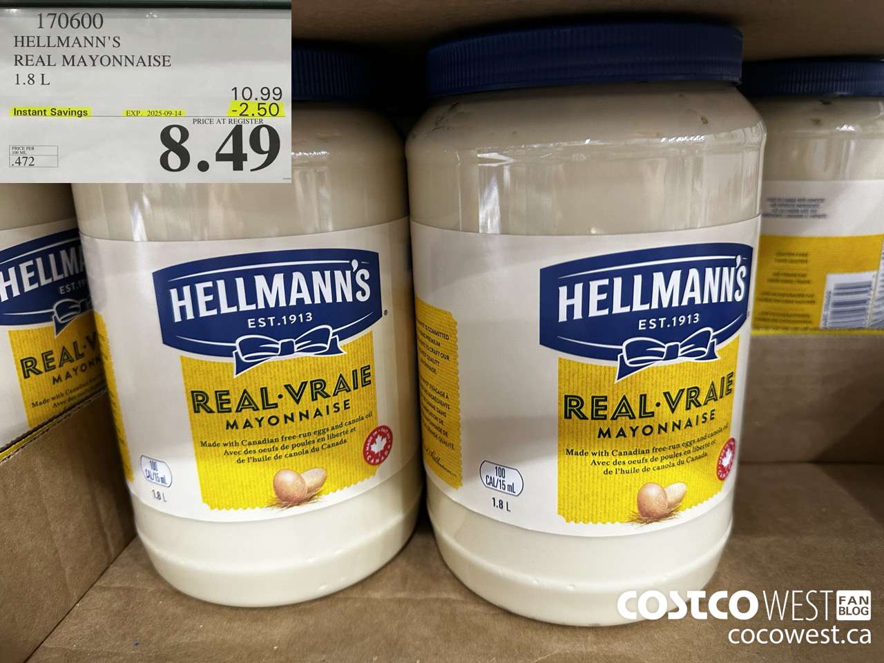 170600 HELLMANN'S REGULAR MAYONNAISE 1.8 L ($2.50 INSTANT SAVINGS EXPIRES ON 2025-09-14) $8.49
