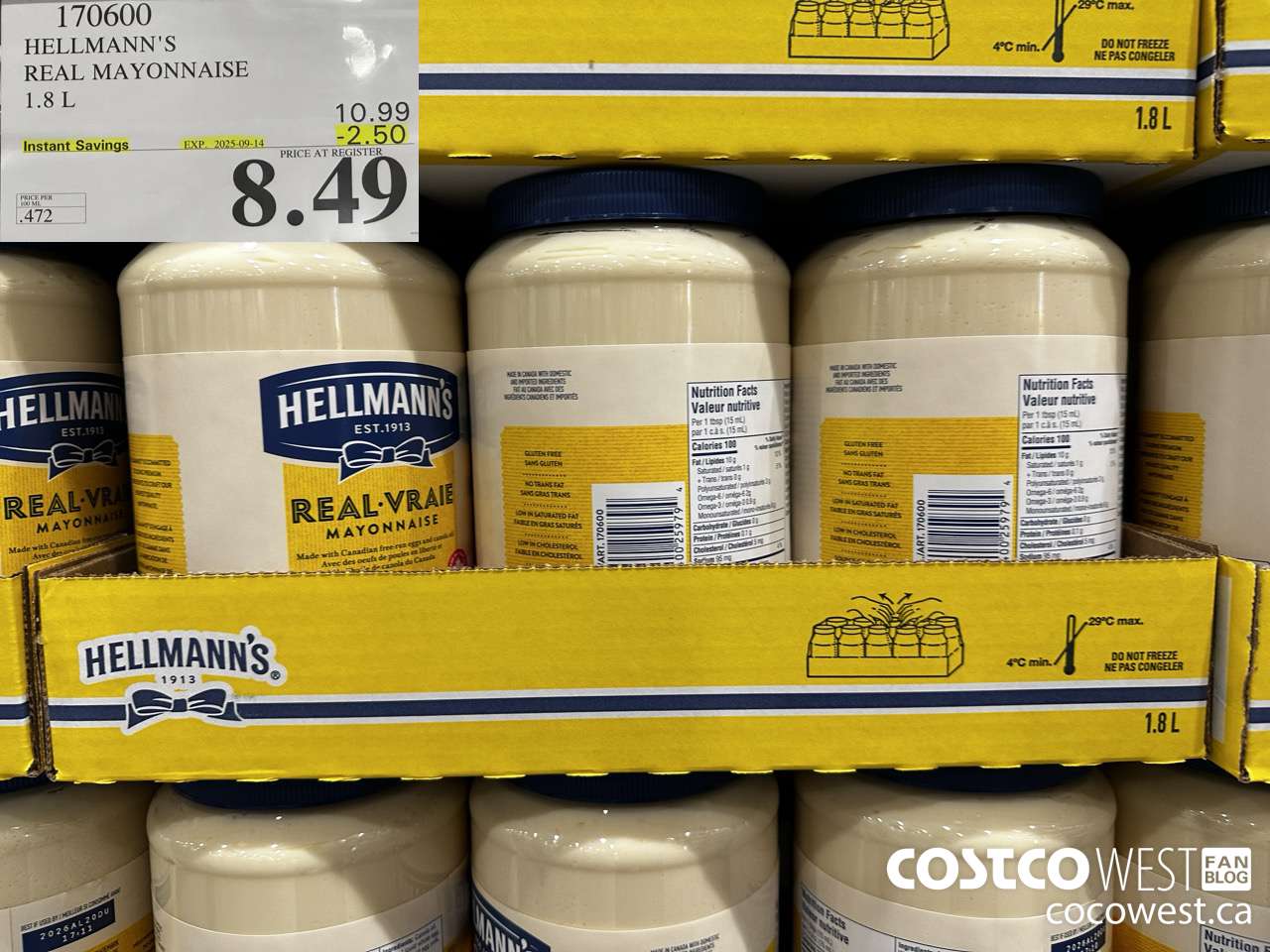 170600 HELLMANN'S REGULAR MAYONNAISE 1.8 L ($2.50 INSTANT SAVINGS EXPIRES ON 2025-09-14) $8.49