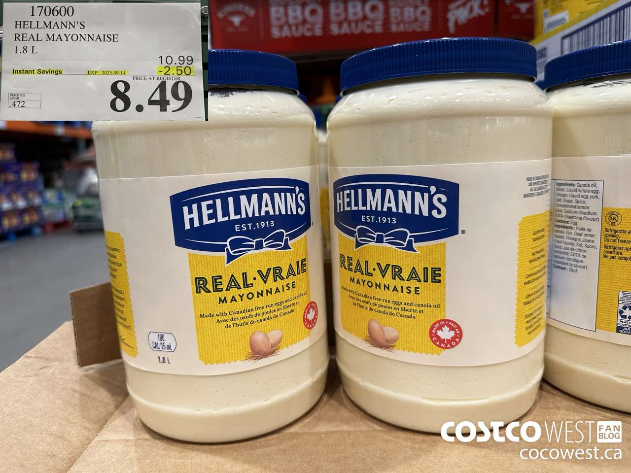 170600 HELLMANN'S REGULAR MAYONNAISE 1.8 L ($2.50 INSTANT SAVINGS EXPIRES ON 2025-09-14) $8.49