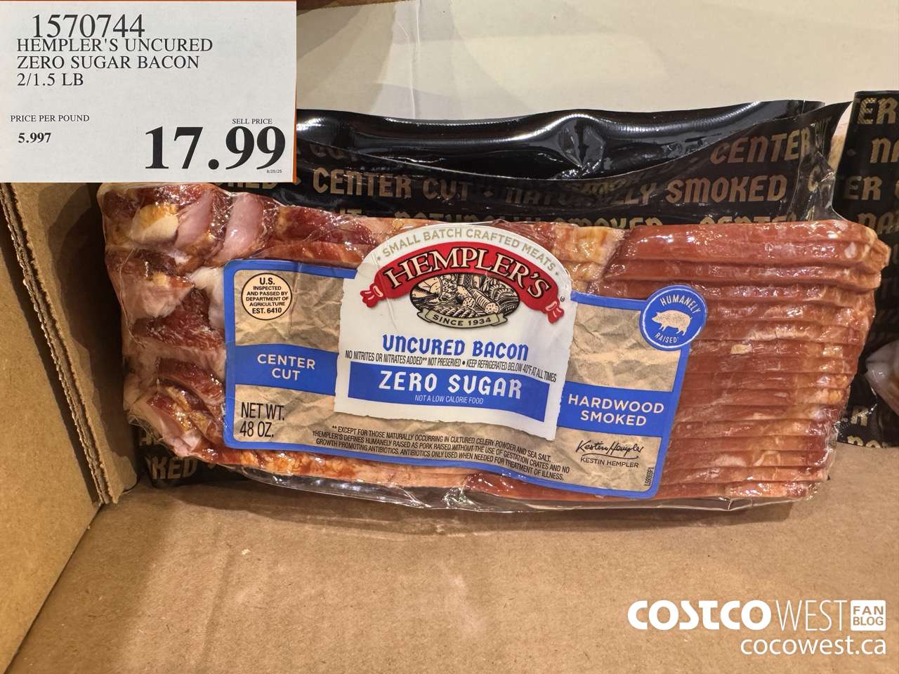 1570744 HEMPLER'S UNCURED ZERO SUGAR BACON 2/1.5 LB $17.99