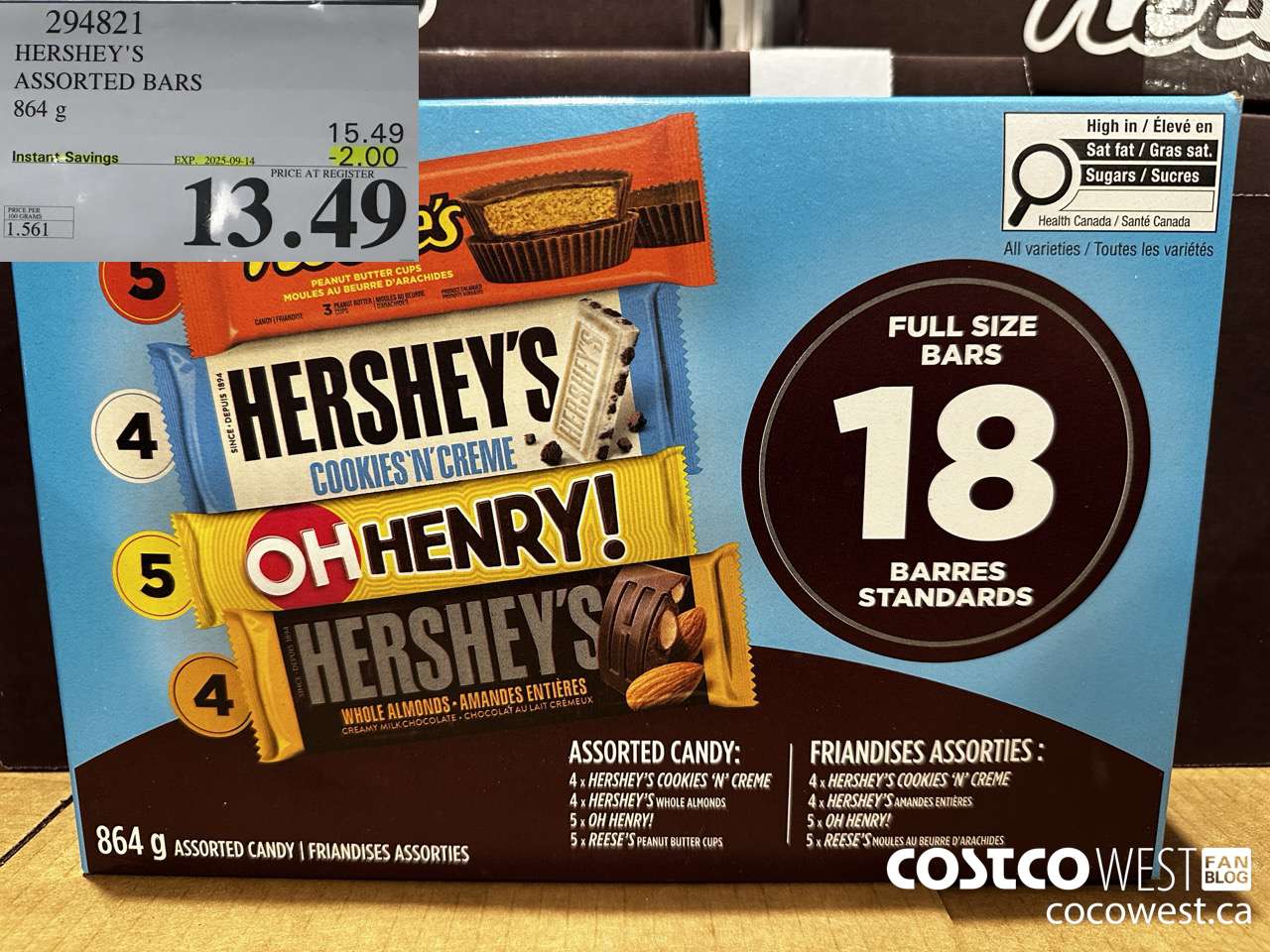 294821 HERSHEY'S ASSORTED BARS 18 PACK ($2.00 INSTANT SAVINGS EXPIRES ON 2025-09-14) $13.49
