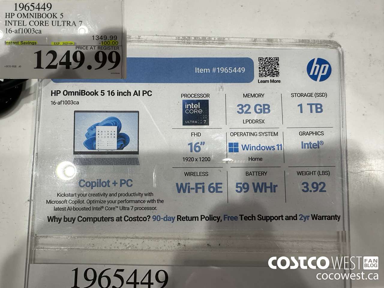1965449 HP OMNIBOOK 5 INTEL CORE ULTRA 7 16-AF1003CA ($100.00 INSTANT SAVINGS EXPIRES ON 2025-09-21) $1249.99