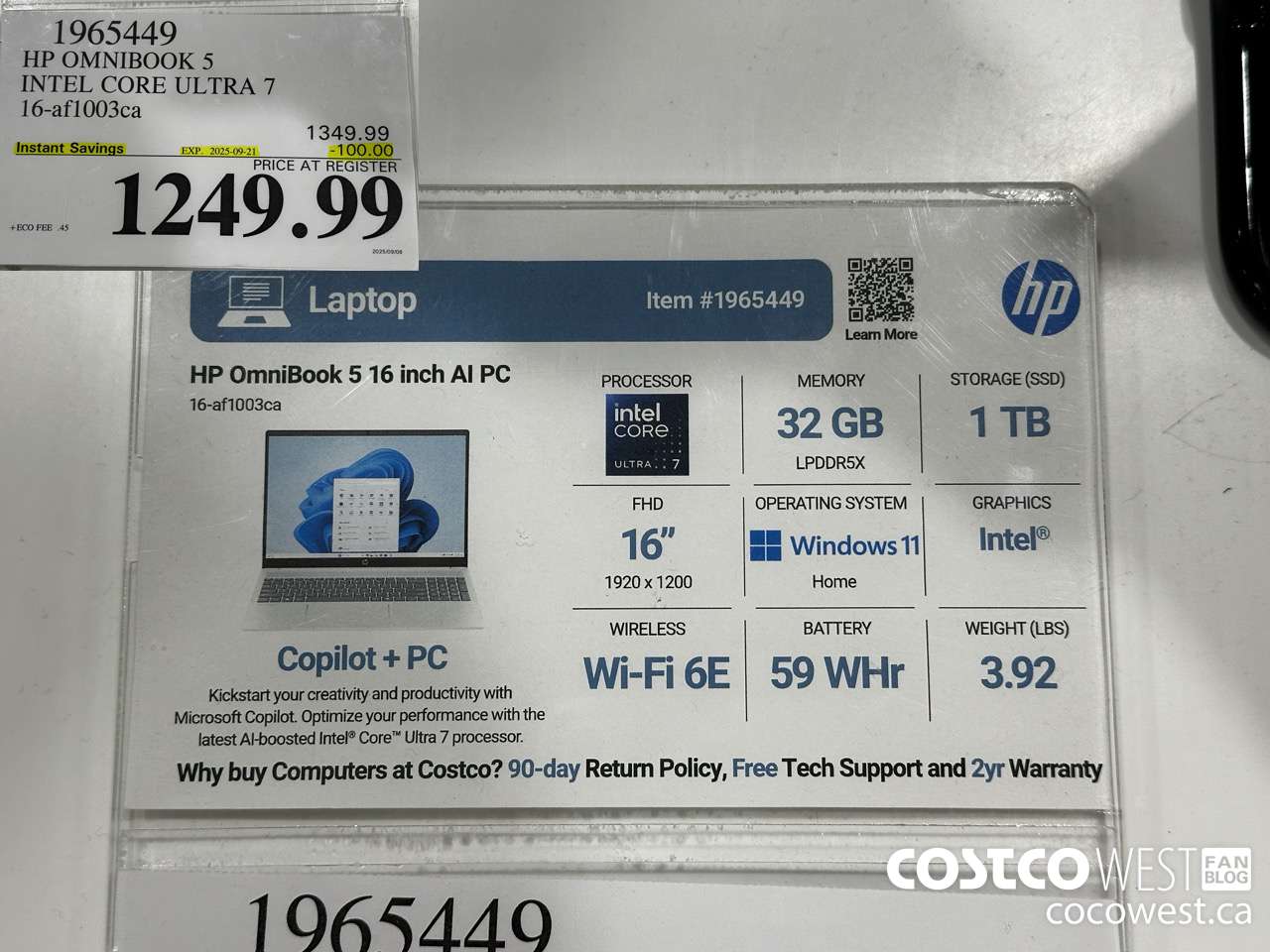 1965449 HP OMNIBOOK 5 INTEL CORE ULTRA 7 16-AF1003CA ($100.00 INSTANT SAVINGS EXPIRES ON 2025-09-21) $1249.99