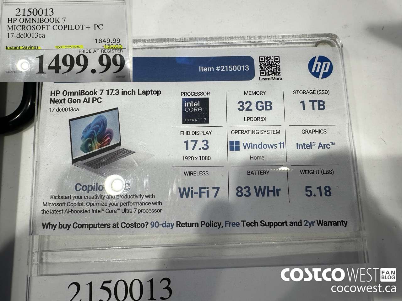 2150013 HP OMNIBOOK 7 MICROSOFT COPILOT+ PC 17-DC0013CA ($150.00 INSTANT SAVINGS EXPIRES ON 2025-10-26) $1499.99