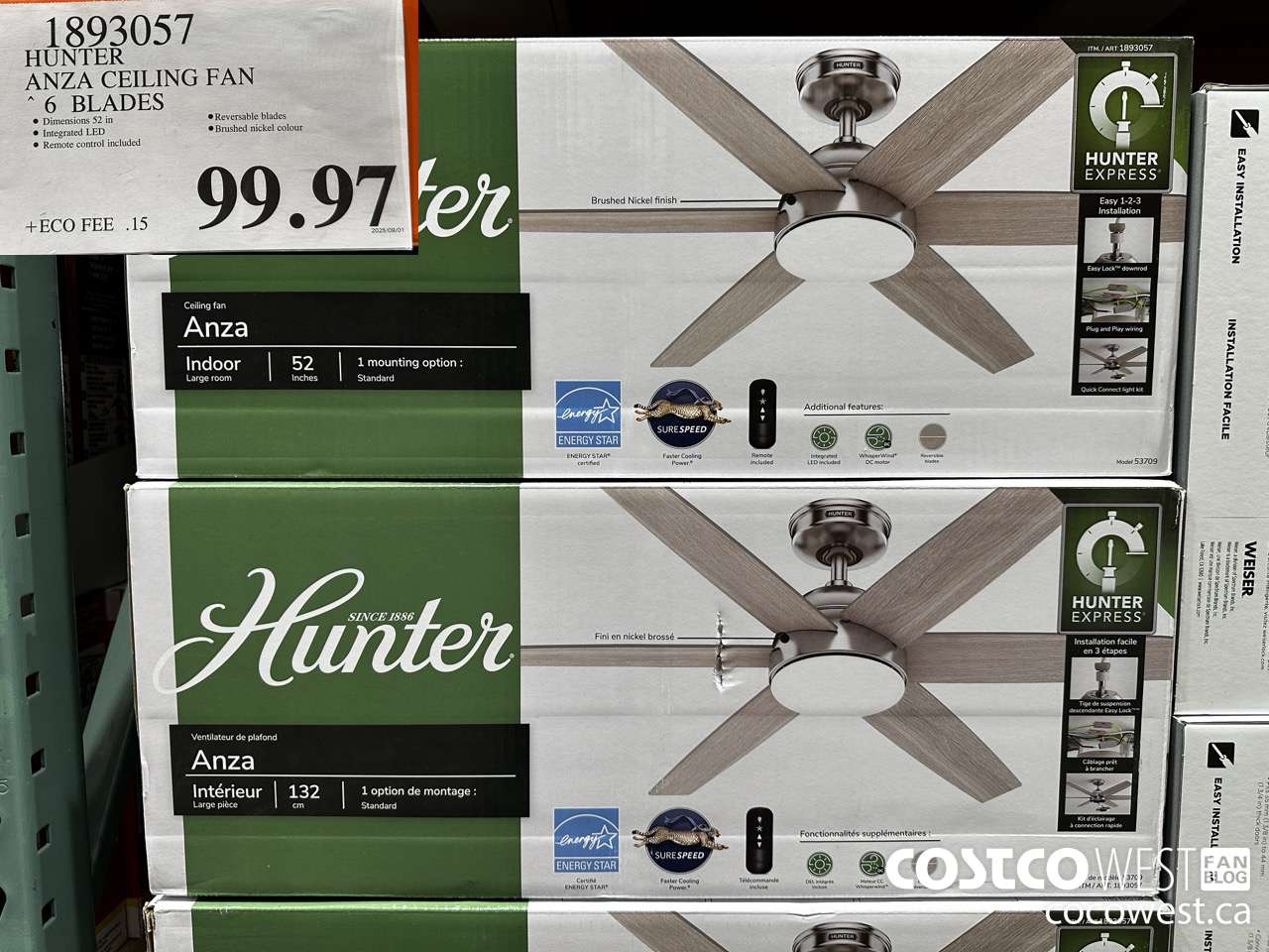 1893057 HUNTER ANZA CEILING FAN 6 BLADES $99.97