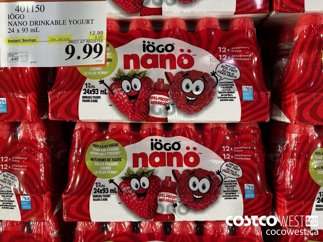 401150 IOGO NANO DRINKABLE YOGURT 24 x 93 mL ($3.00 INSTANT SAVINGS EXPIRES ON 2025-10-05) $9.99