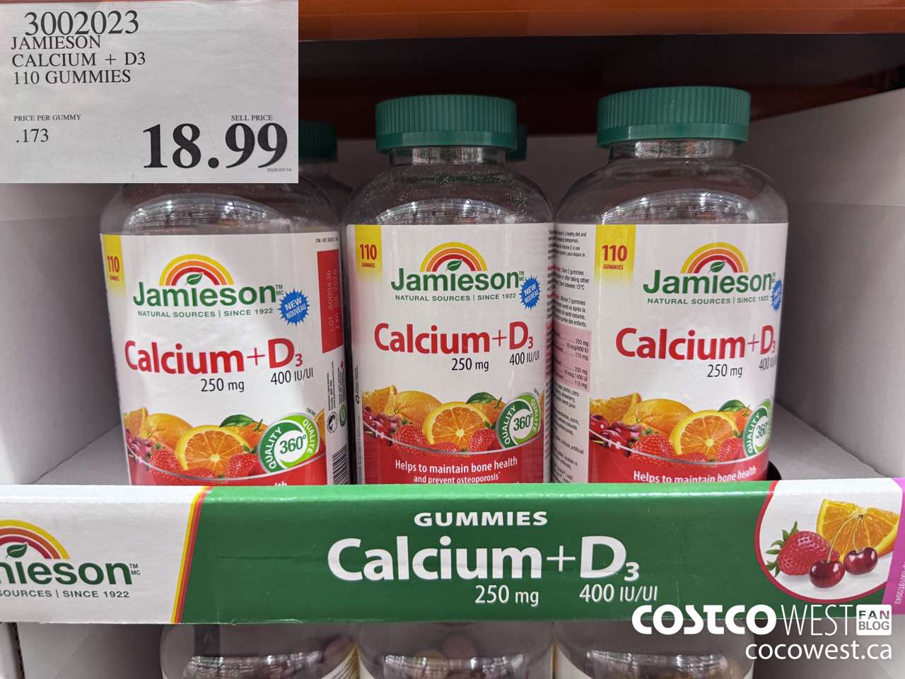 3002023 JAMIESON CALCIUM 250MG + D3 400IU 110 GUMMIES $18.99