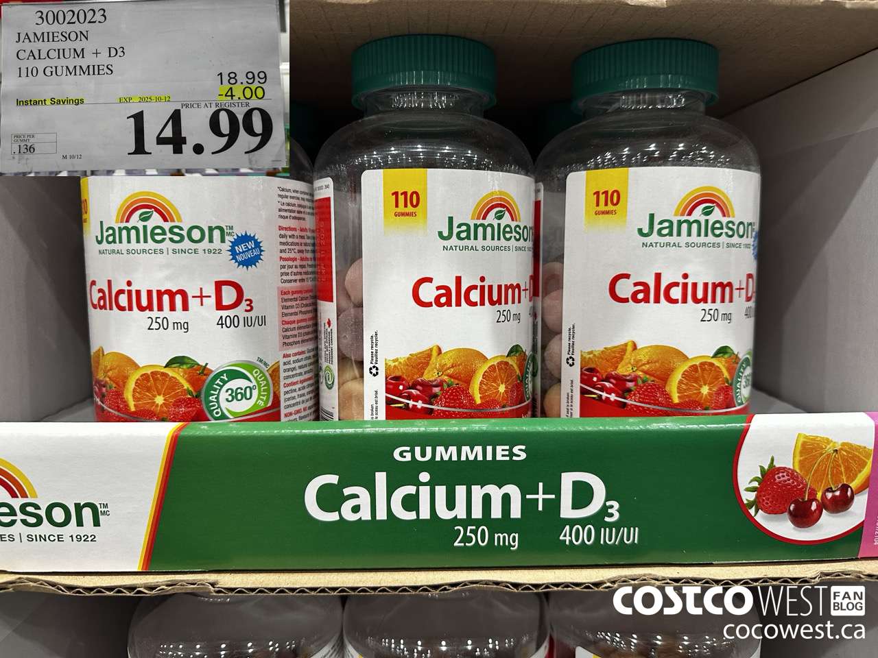 3002023 JAMIESON CALCIUM 250MG + D3 400IU 110 GUMMIES ($4.00 INSTANT SAVINGS EXPIRES ON 2025-10-12) $14.99