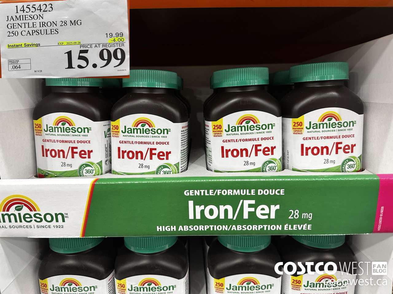 1455423 JAMIESON GENTLE IRON PLUS 28MG 250 CAPSULES ($4.00 INSTANT SAVINGS EXPIRES ON 2025-09-28) $15.99