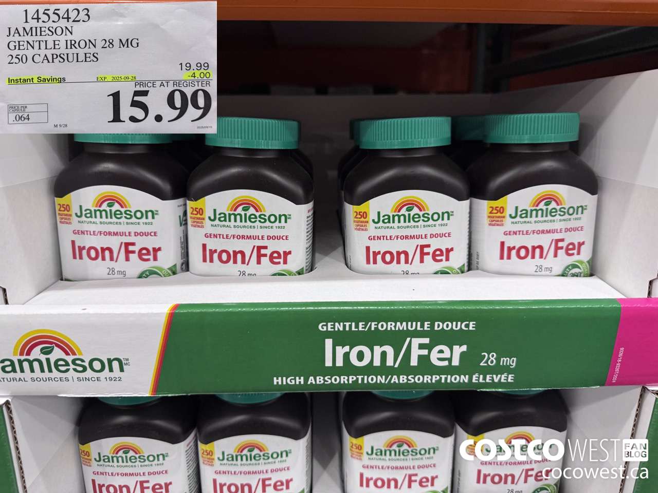 1455423 JAMIESON GENTLE IRON PLUS 28MG 250 CAPSULES ($4.00 INSTANT SAVINGS EXPIRES ON 2025-09-28) $15.99