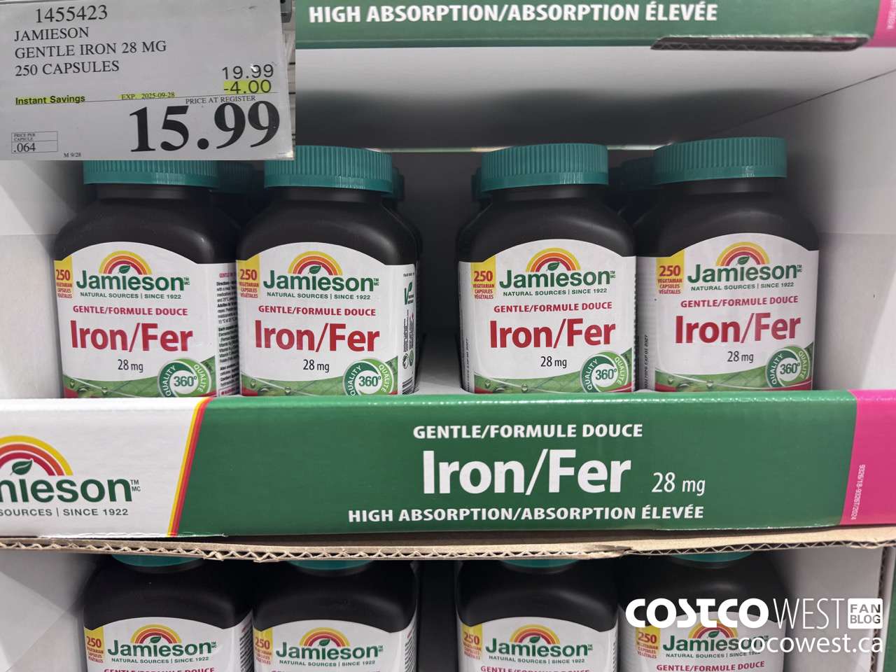 1455423 JAMIESON GENTLE IRON PLUS 28MG 250 CAPSULES ($4.00 INSTANT SAVINGS EXPIRES ON 2025-09-28) $15.99