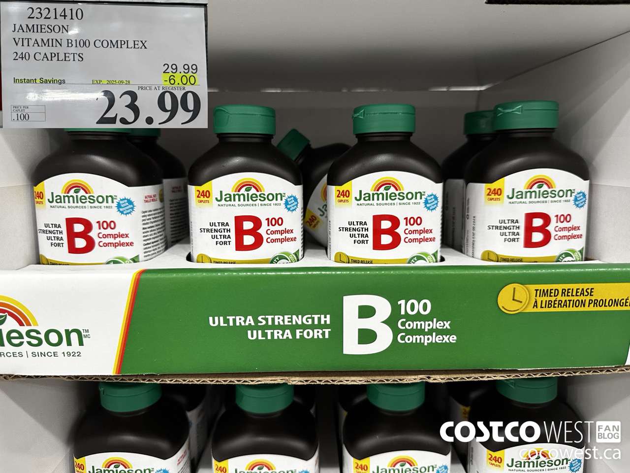 2321410 JAMIESON VITAMIN B100 COMPLEX 240 CAPLETS ($6.00 INSTANT SAVINGS EXPIRES ON 2025-09-28) $23.99