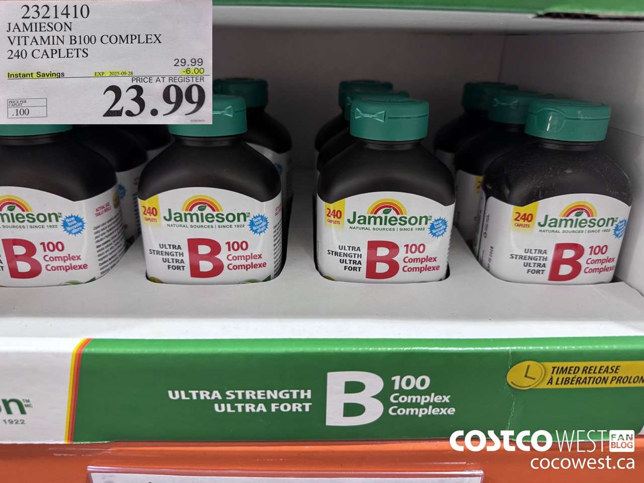 2321410 JAMIESON VITAMIN B100 COMPLEX 240 CAPLETS ($6.00 INSTANT SAVINGS EXPIRES ON 2025-09-28) $23.99