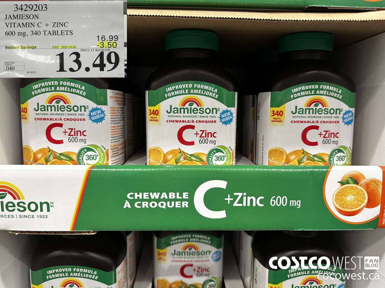 3429203 JAMIESON VITAMIN C + ZINC 600MG, 340 TABLETS ($3.50 INSTANT SAVINGS EXPIRES ON 2025-10-26) $13.49