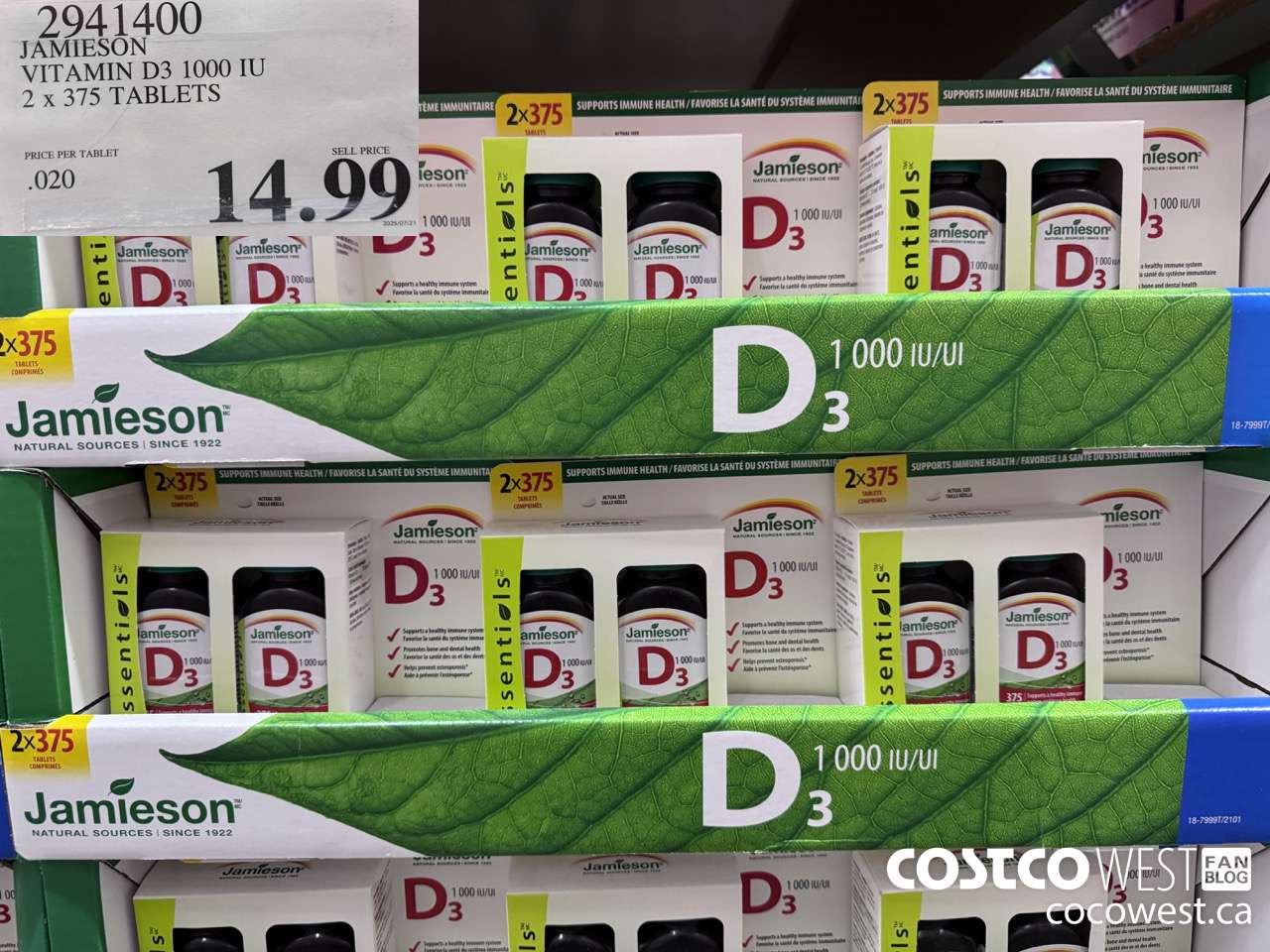 2941400 JAMIESON VITAMIN D3 1000IU 2X375 TABLETS $14.99