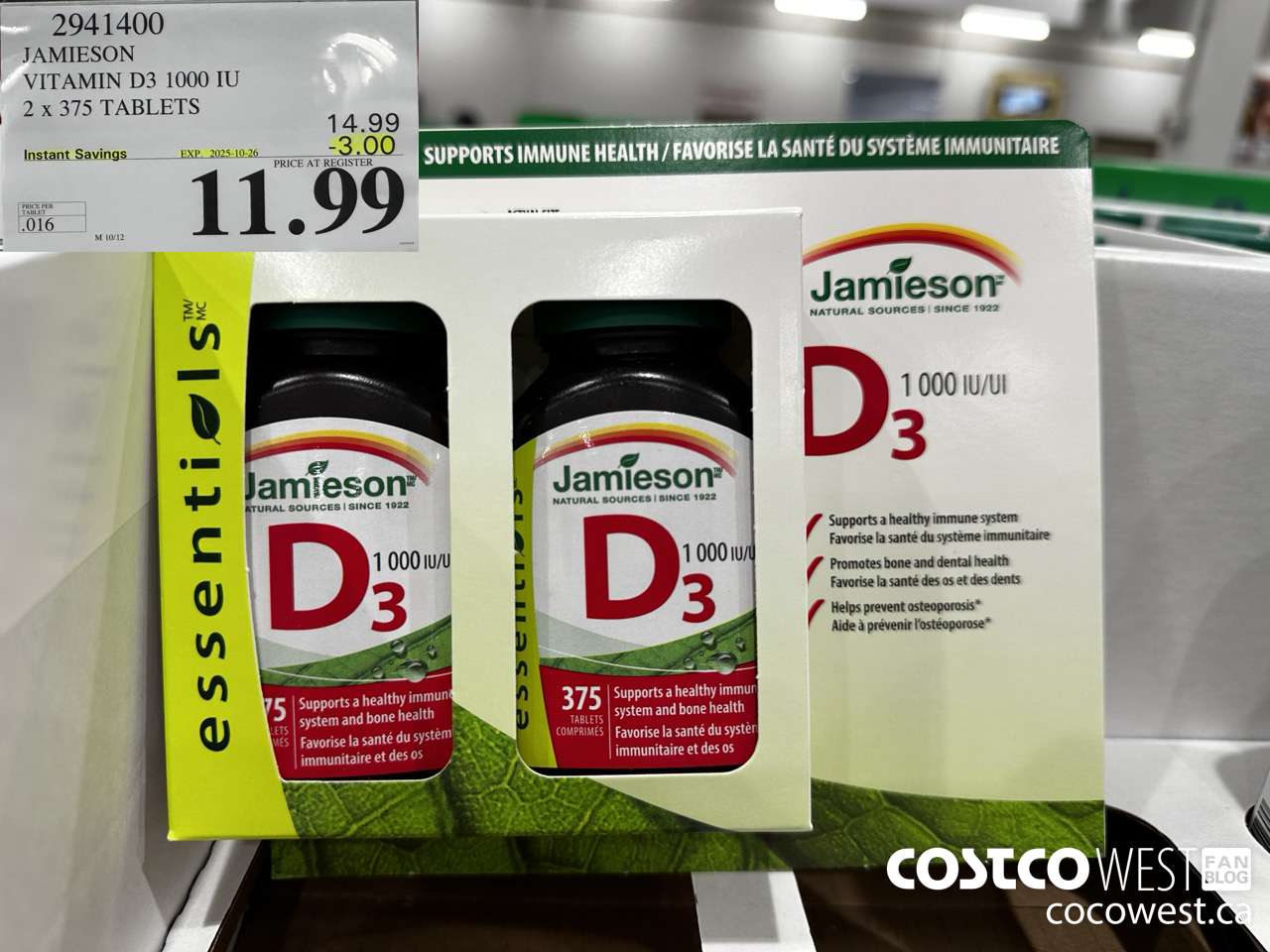 2941400 JAMIESON VITAMIN D3 1000IU 2X375 TABLETS ($3.00 INSTANT SAVINGS EXPIRES ON 2025-10-26) $11.99