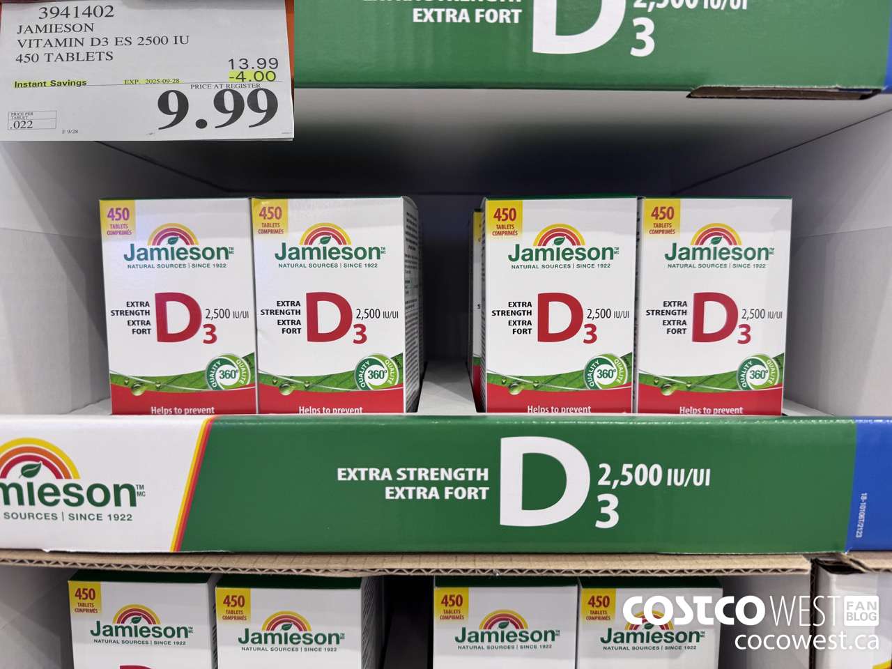 3941402 JAMIESON VITAMIN D3 2500IU 450 TABLETS ($4.00 INSTANT SAVINGS EXPIRES ON 2025-09-28) $9.99