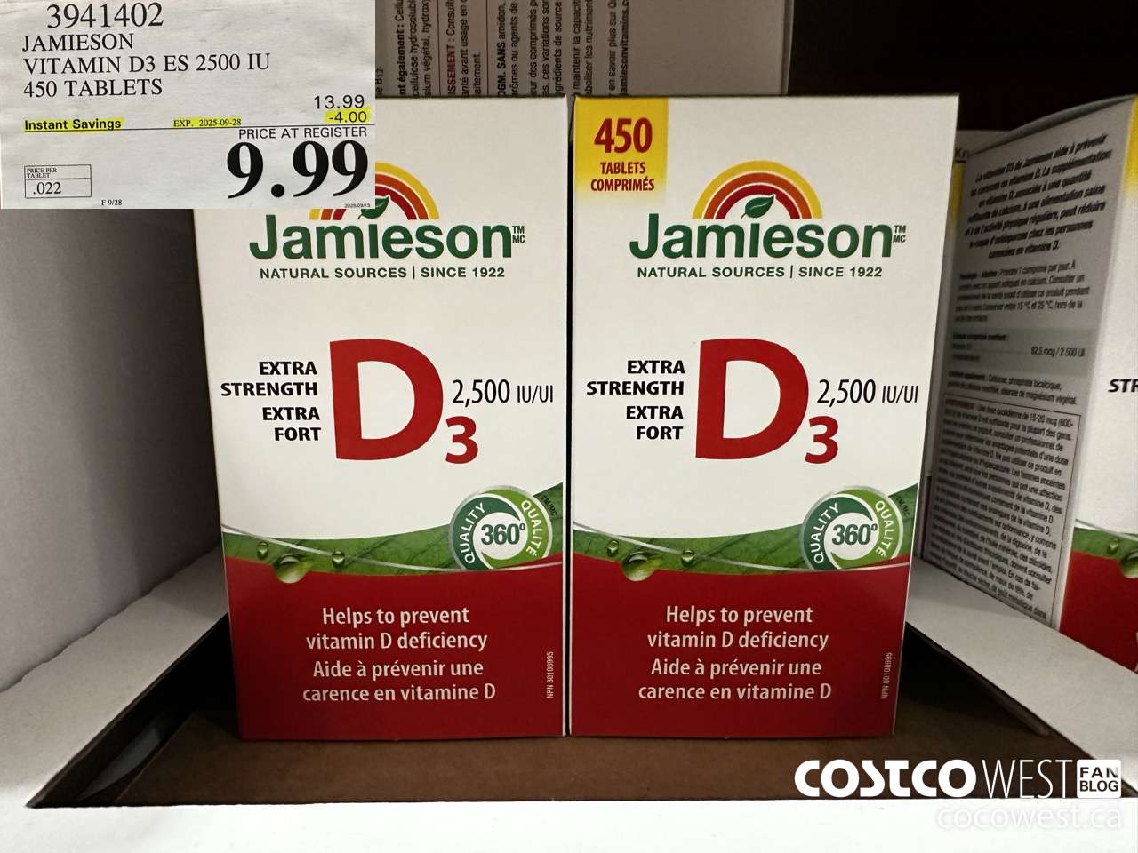3941402 JAMIESON VITAMIN D3 2500IU 450 TABLETS ($4.00 INSTANT SAVINGS EXPIRES ON 2025-09-28) $9.99