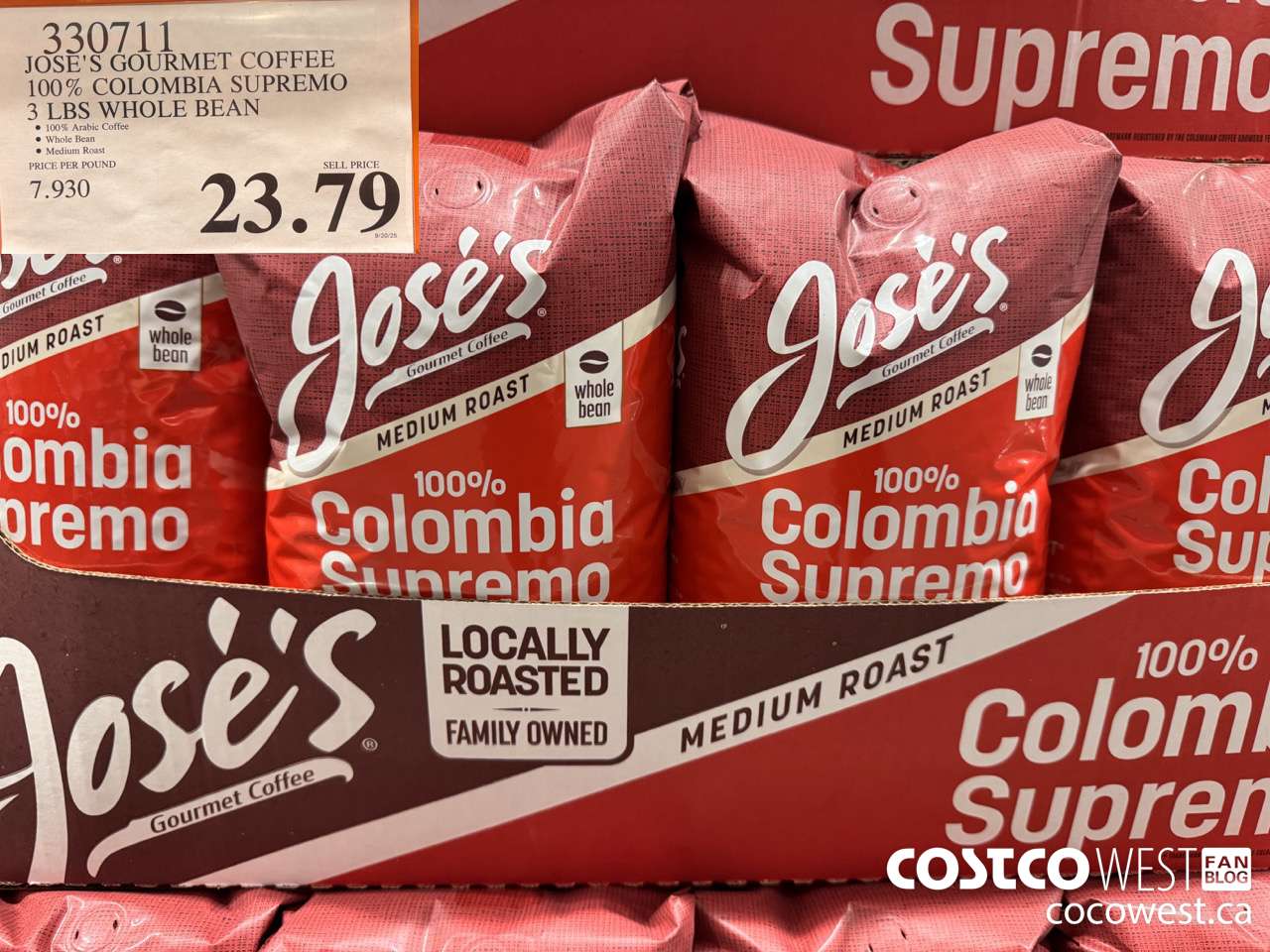 330711 JOSE'S GOURMET COFFEE 100% COLOMBIA SUPREMO 3 LBS WHOLE BEAN $23.79