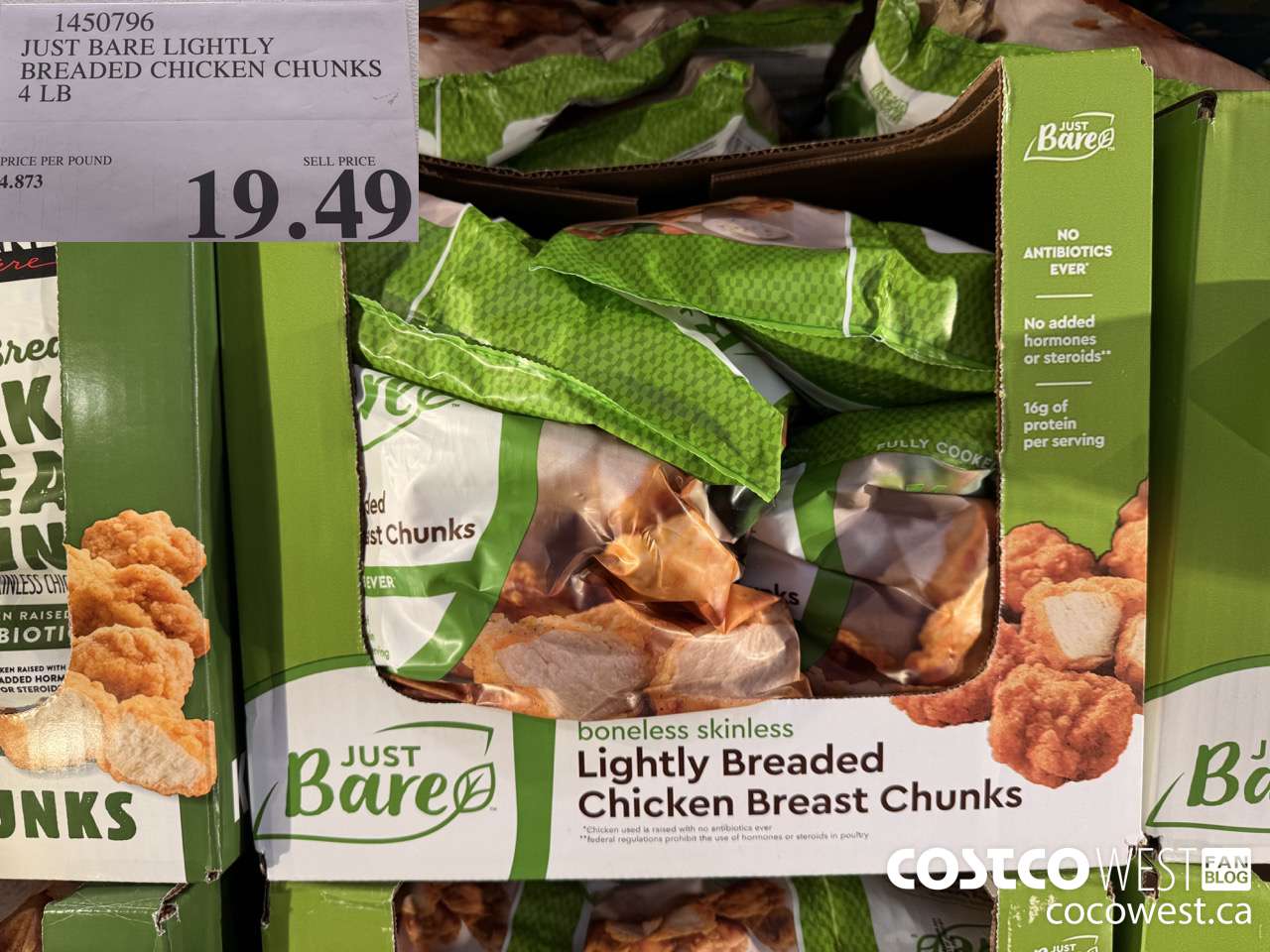 1450796 JUST BARE LIGHTLY BREADED CHICKEN CHUNKS 4 LB $19.49