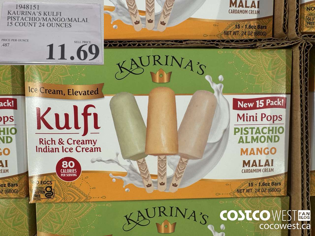1948151 KAURINA'S KULFI PISTACHIO/MANGO/MALAI 15 COUNT 24 OUNCES $11.69