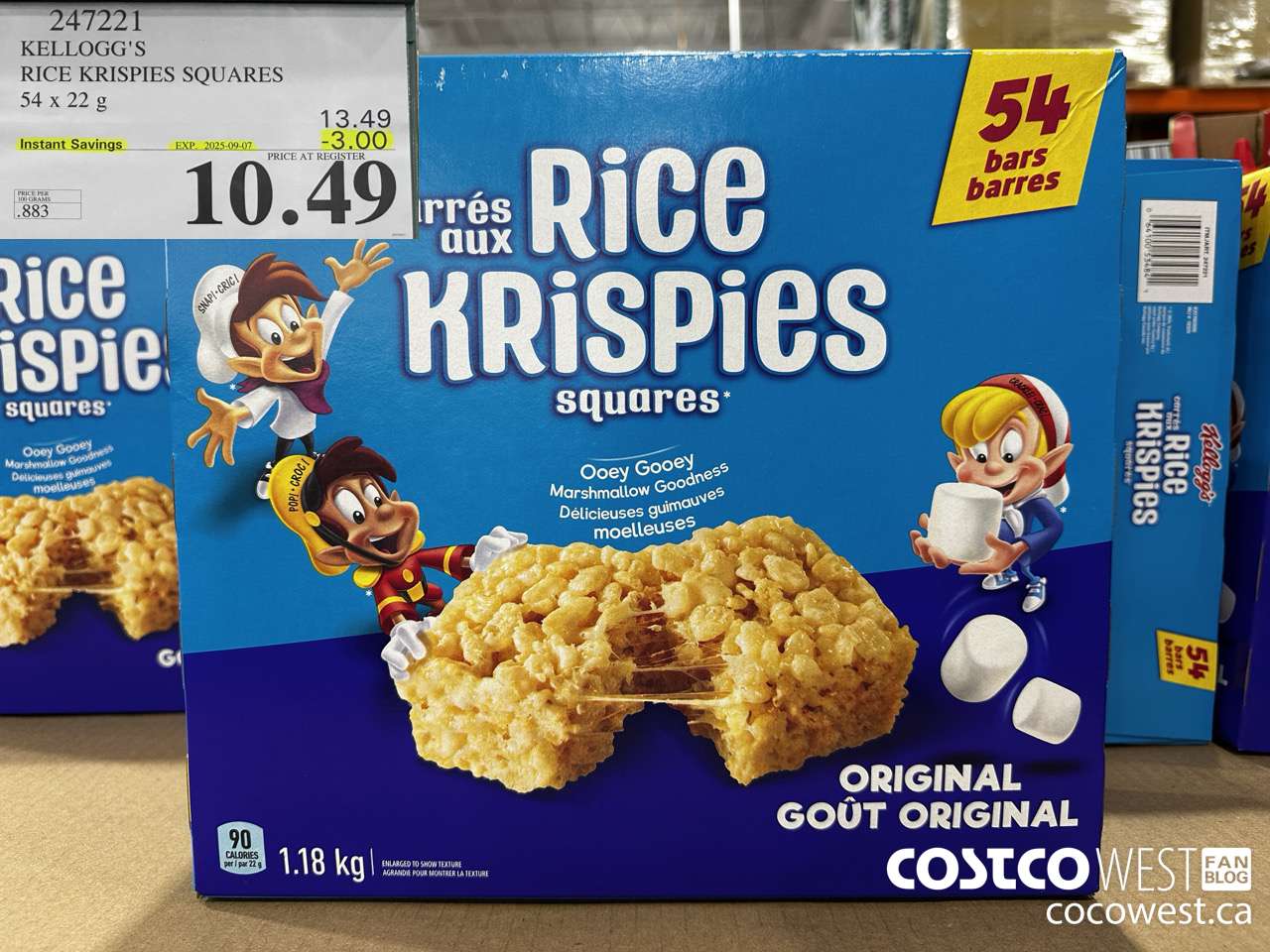 247221 KELLOGG'S RICE KRISPIES SQUARES 54 X 22 G ($3.00 INSTANT SAVINGS EXPIRES ON 2025-09-07) $10.49