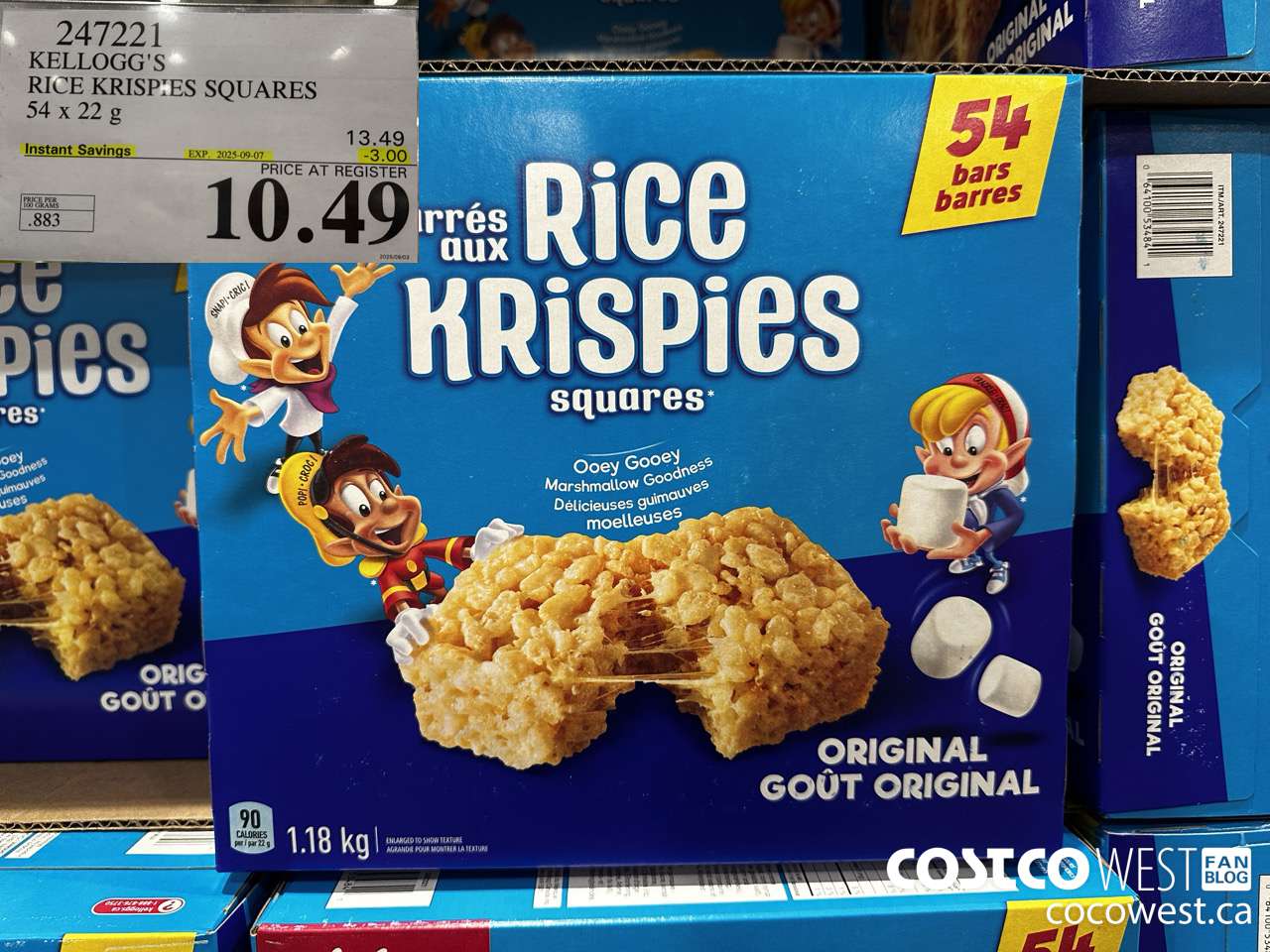 247221 KELLOGG'S RICE KRISPIES SQUARES 54 X 22 G ($3.00 INSTANT SAVINGS EXPIRES ON 2025-09-07) $10.49