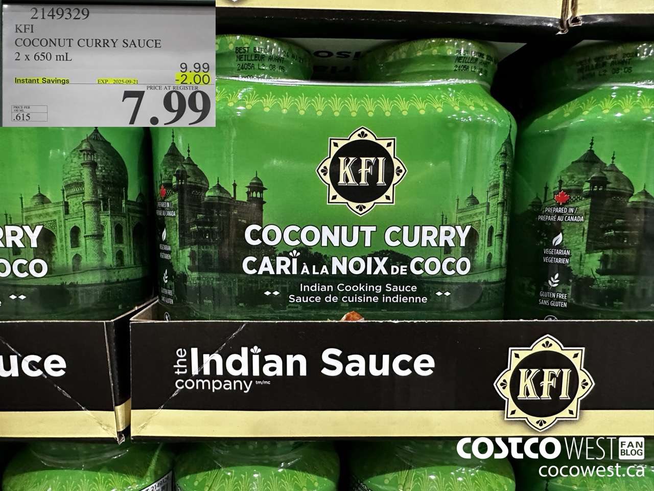 2149329 KFI COCONUT CURRY SAUCE 2 x 650 mL ($2.00 INSTANT SAVINGS EXPIRES ON 2025-09-21) $7.99
