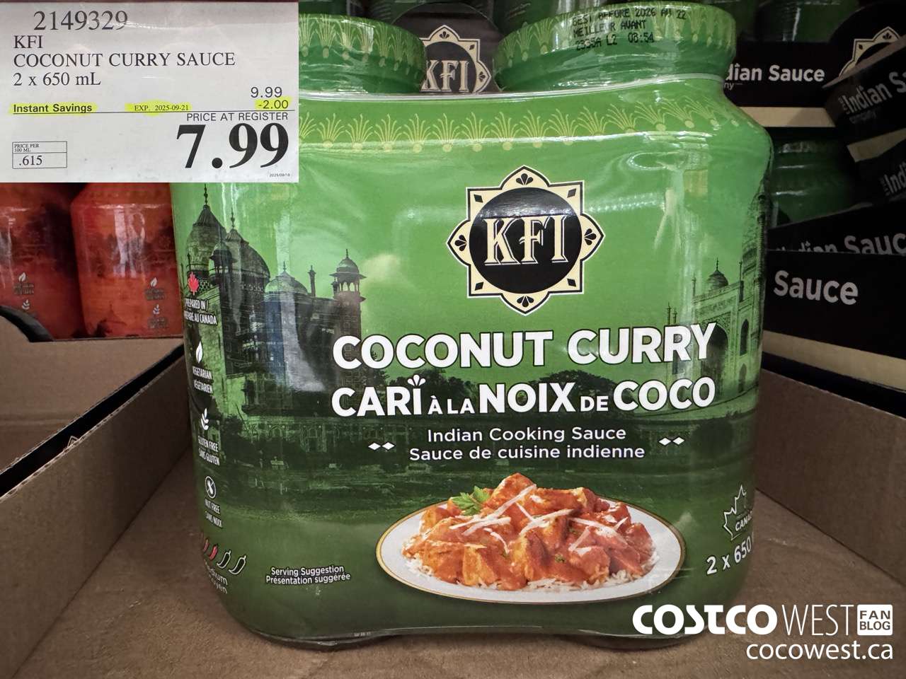 2149329 KFI COCONUT CURRY SAUCE 2 x 650 mL ($2.00 INSTANT SAVINGS EXPIRES ON 2025-09-21) $7.99