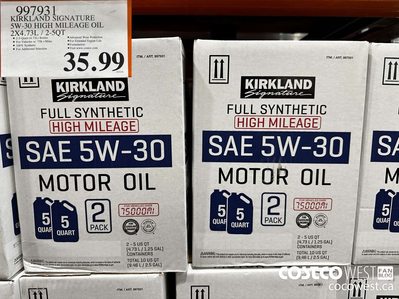 997931 KIRKLAND SIGNATURE 5W-30 HIGH MILEAGE OIL 2 X 4.73L/2 5QT $35.99