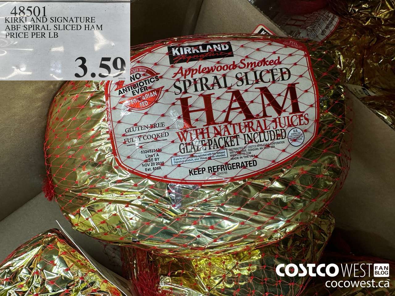 48501 KIRKLAND SIGNATURE ABF SPIRAL SLICED HAM PRICE PER LB $3.59