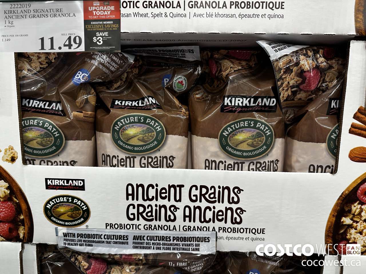 2222019 KIRKLAND SIGNATURE ANCIENT GRAINS WITH PROBIOTICS 1KG ($3.00 INSTANT SAVINGS EXPIRES ON 2025-09-28) $8.49