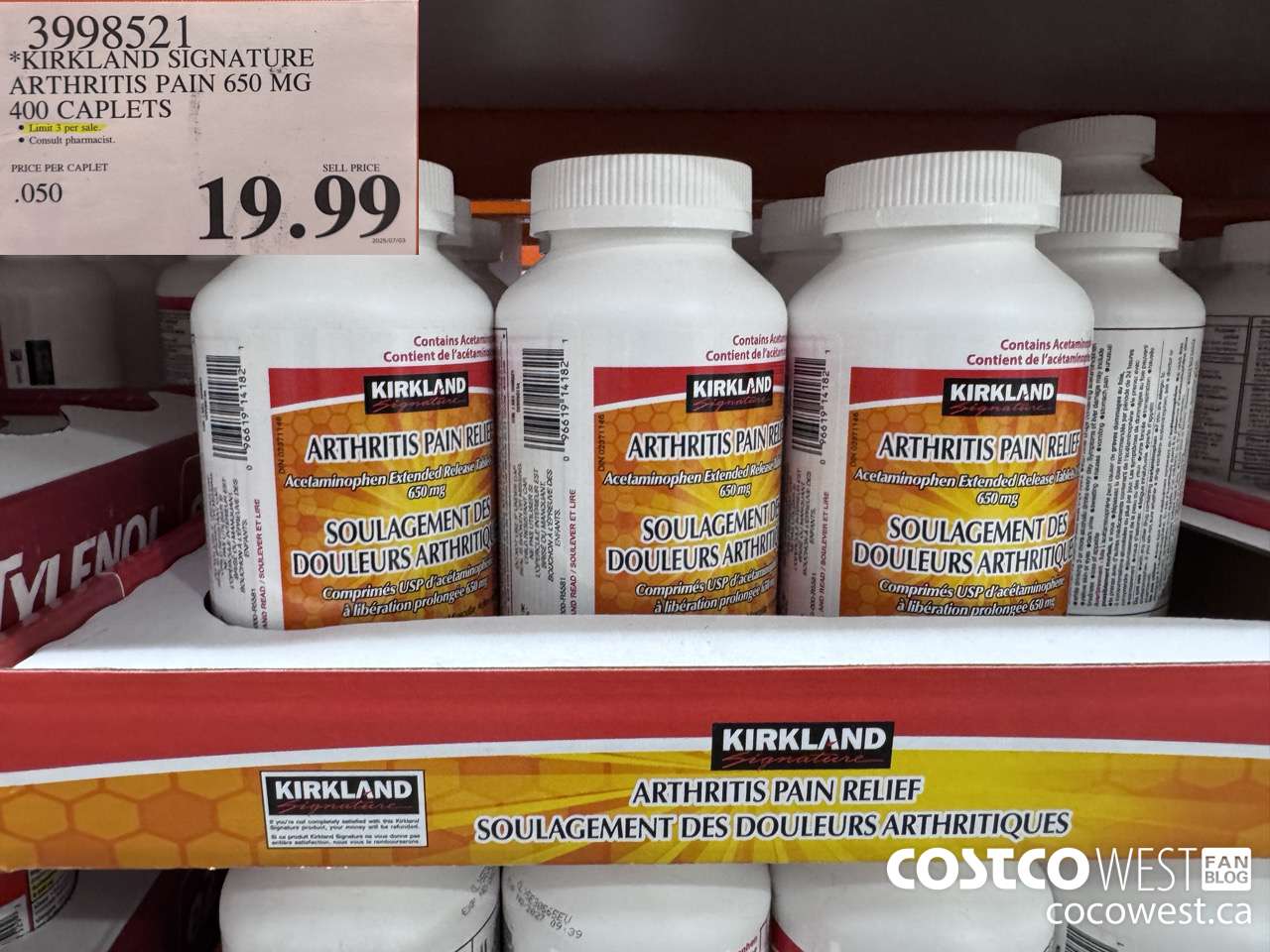 3998521 KIRKLAND SIGNATURE ARTHRITIS PAIN 650MG 400 CAPLETS $19.99