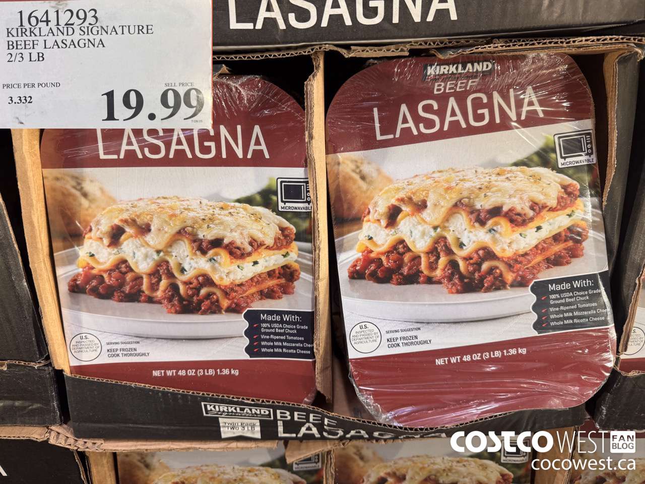 1641293 KIRKLAND SIGNATURE BEEF LASAGNA 2/3 LB $19.99
