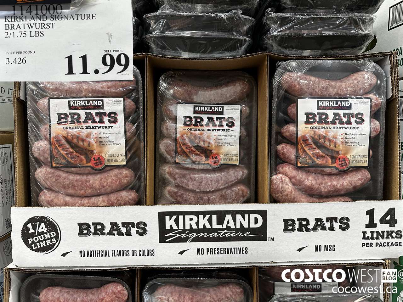 1141000 KIRKLAND SIGNATURE BRATWURST 2/1.75 LBS  $11.99