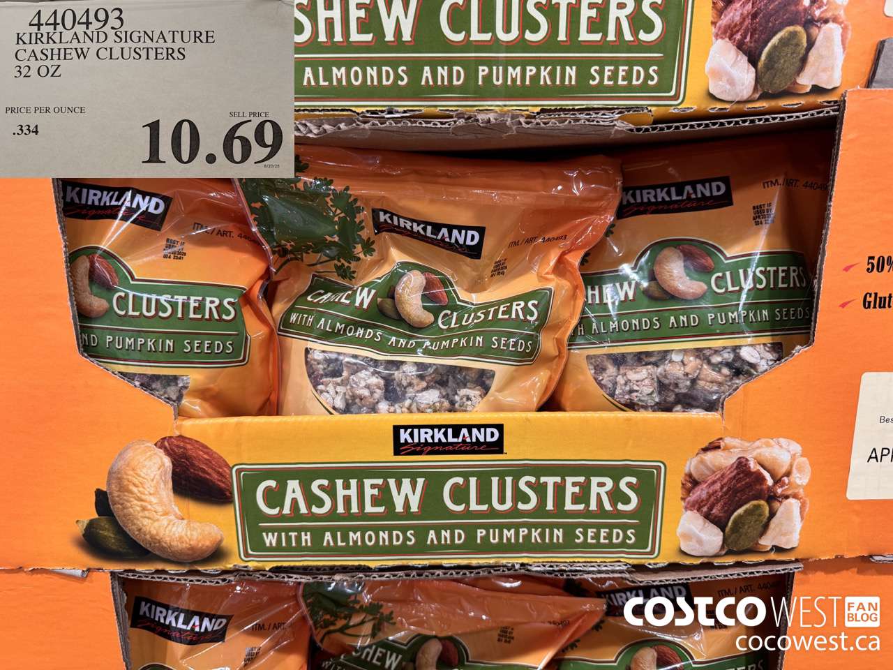 440493 KIRKLAND SIGNATURE CASHEW CLUSTERS 32 OZ $10.69