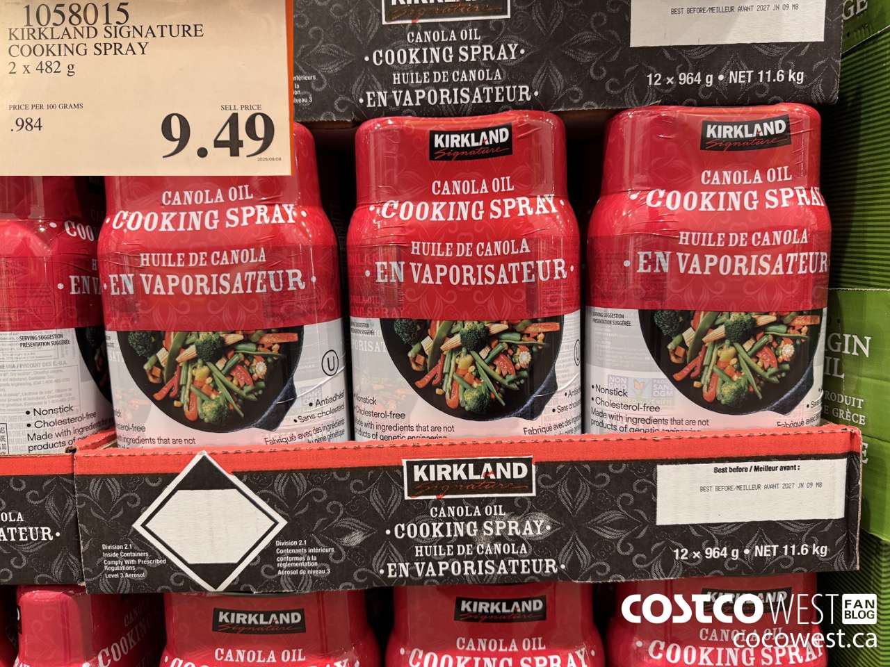 1058015 KIRKLAND SIGNATURE COOKING SPRAY 2 X 482 G $9.49