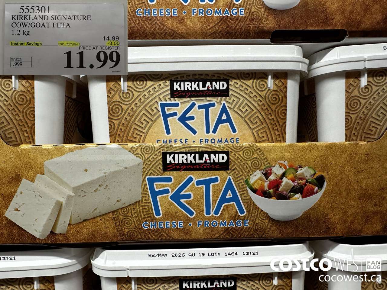 555301 KIRKLAND SIGNATURE COW/GOAT FETA 1.2 kg ($3.00 INSTANT SAVINGS EXPIRES ON 2025-09-21) $11.99