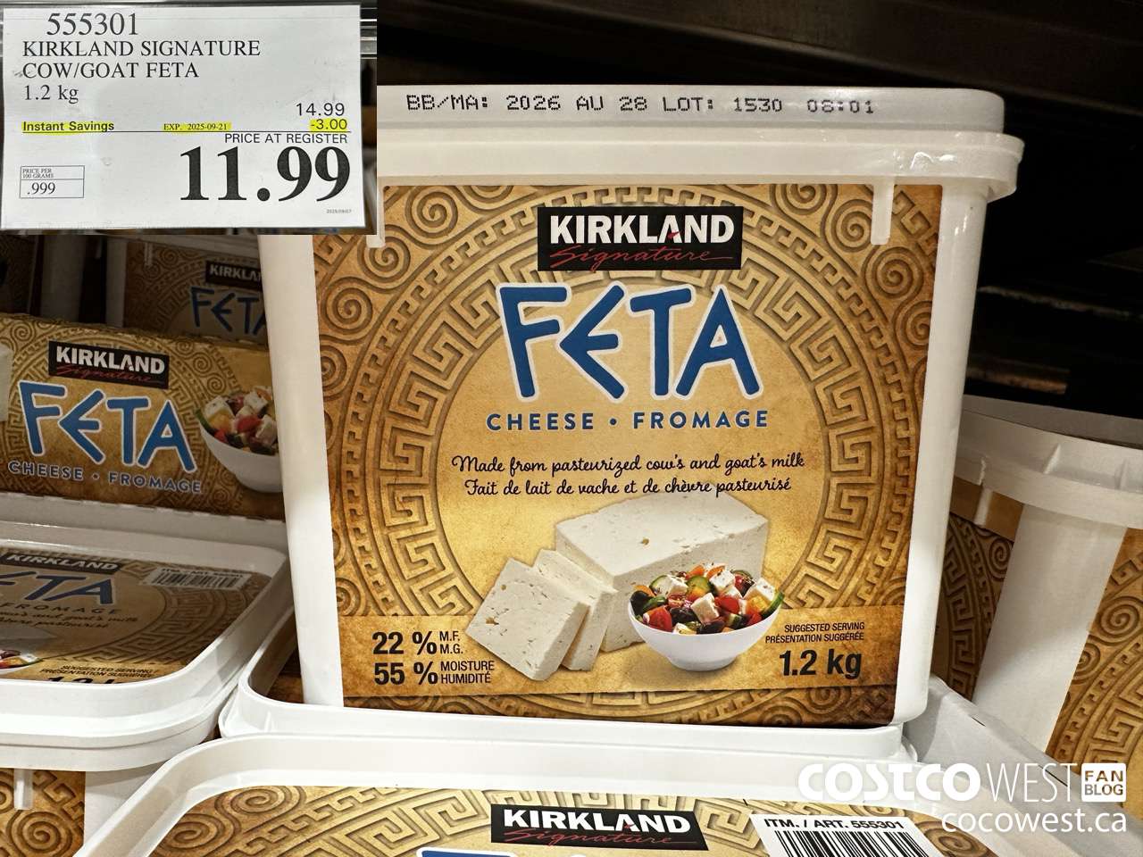 555301 KIRKLAND SIGNATURE COW/GOAT FETA 1.2 kg ($3.00 INSTANT SAVINGS EXPIRES ON 2025-09-21) $11.99