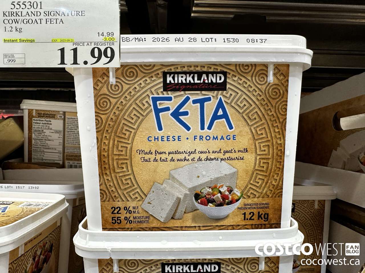 555301 KIRKLAND SIGNATURE COW/GOAT FETA 1.2 kg ($3.00 INSTANT SAVINGS EXPIRES ON 2025-09-21) $11.99