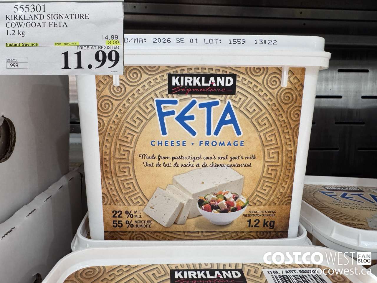 555301 KIRKLAND SIGNATURE COW/GOAT FETA 1.2 kg ($3.00 INSTANT SAVINGS EXPIRES ON 2025-09-21) $11.99