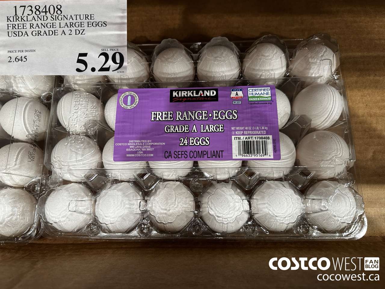 1738408 KIRKLAND SIGNATURE FREE RANGE LARGE EGGS USDA GRADE A 2 DZ $5.29