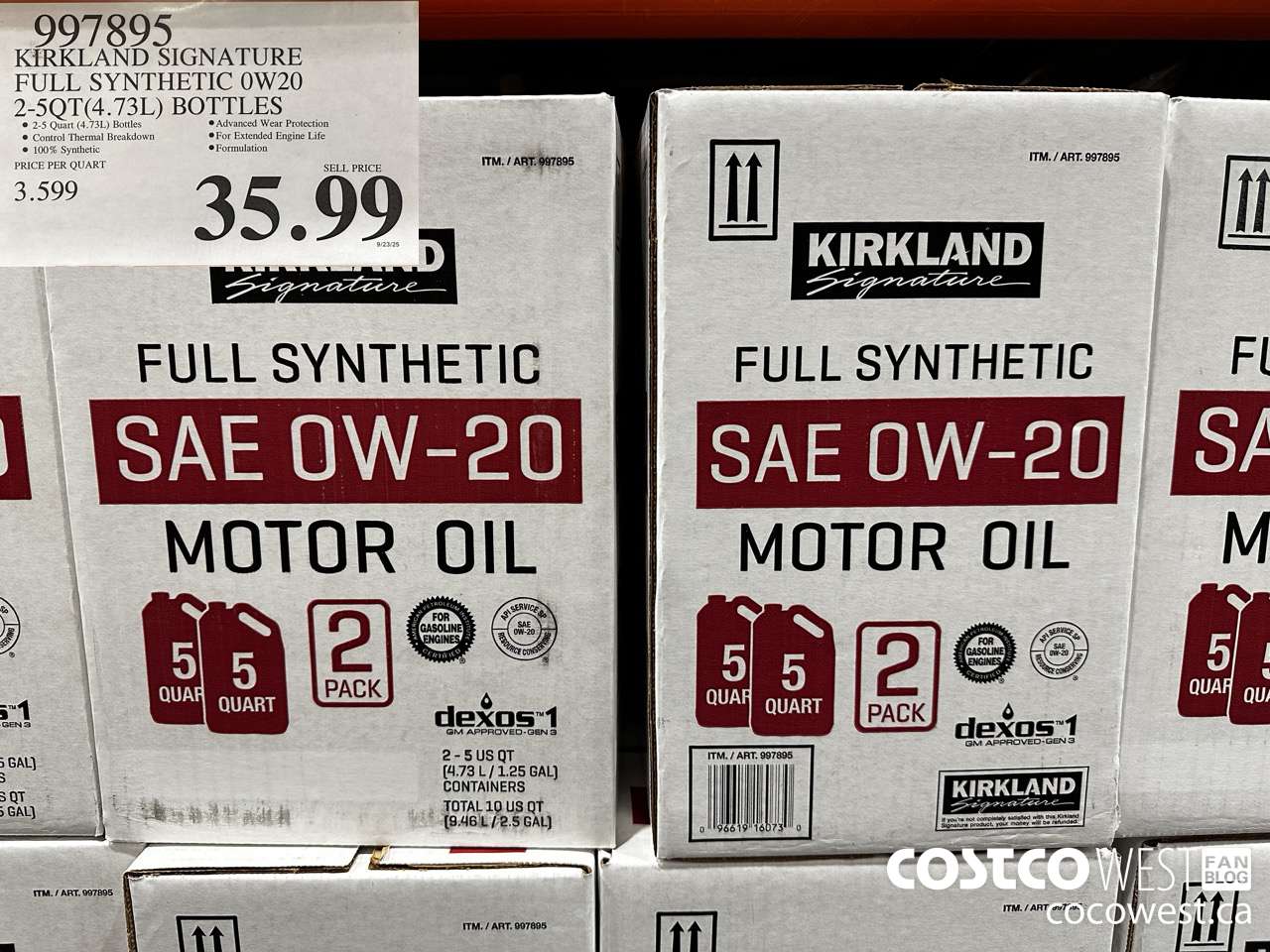 997895 KIRKLAND SIGNATURE FULL SYNTHETIC OIL 0W20 2 5QT (4.73L) BOTTLES $35.99