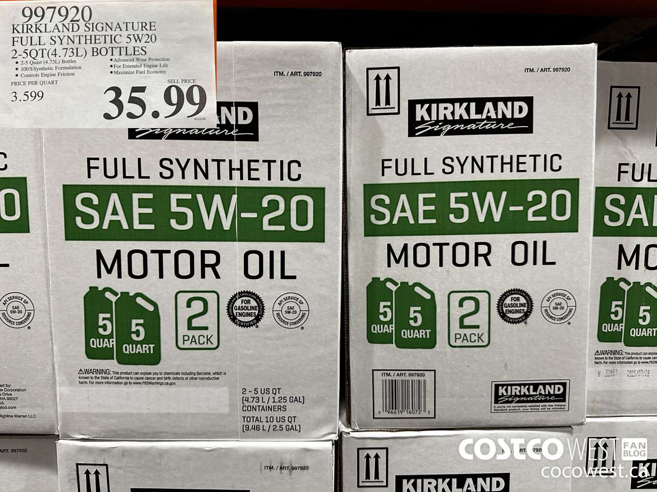 997920 KIRKLAND SIGNATURE FULL SYNTHETIC OIL 5W20 2 5QT (4.73L) BOTTLES $35.99