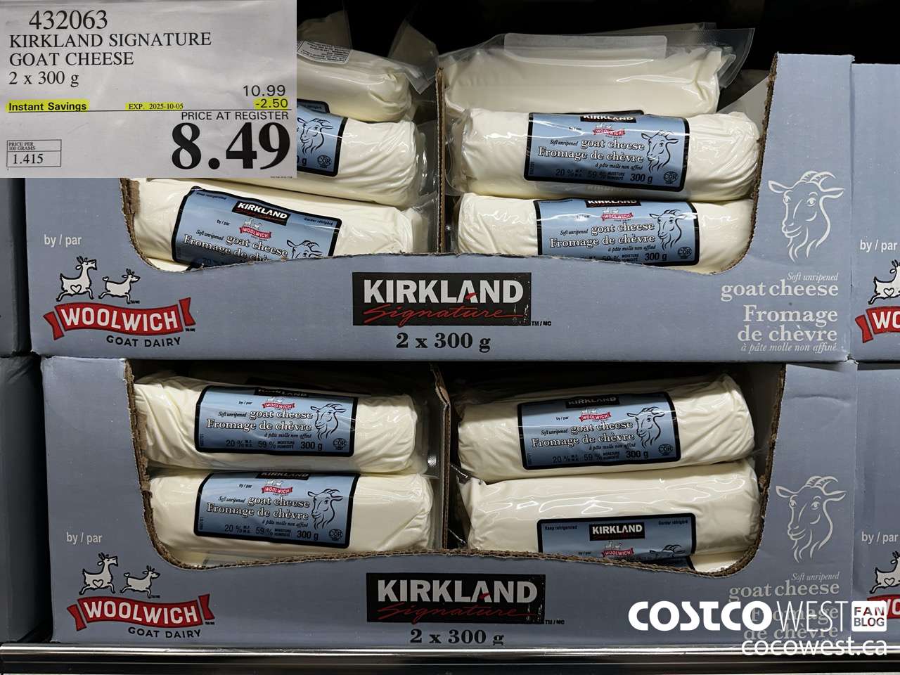 432063 KIRKLAND SIGNATURE GOAT CHEESE 2 x 300 g ($2.50 INSTANT SAVINGS EXPIRES ON 2025-10-05) $8.49
