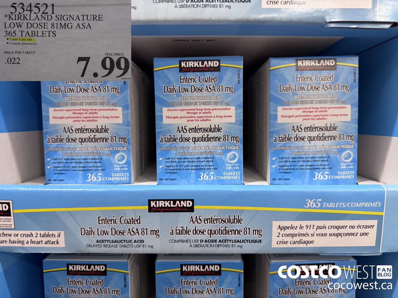 534521 KIRKLAND SIGNATURE LOW DOSE 81MG ASA 365 COATED TABLETS $7.99