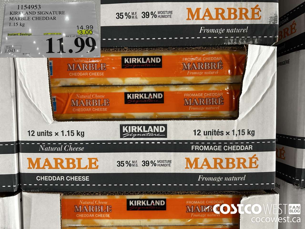 1154953 KIRKLAND SIGNATURE MARBLE CHEDDAR 1.15 KG ($3.00 INSTANT SAVINGS EXPIRES ON 2025-10-26) $11.99
