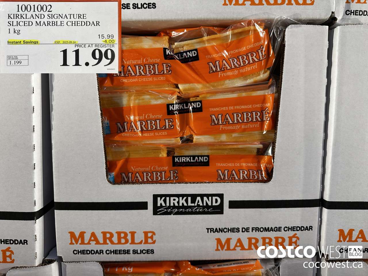 1001002 KIRKLAND SIGNATURE MARBLE CHEDDAR SLICES 1KG ($4.00 INSTANT SAVINGS EXPIRES ON 2025-09-14) $11.99
