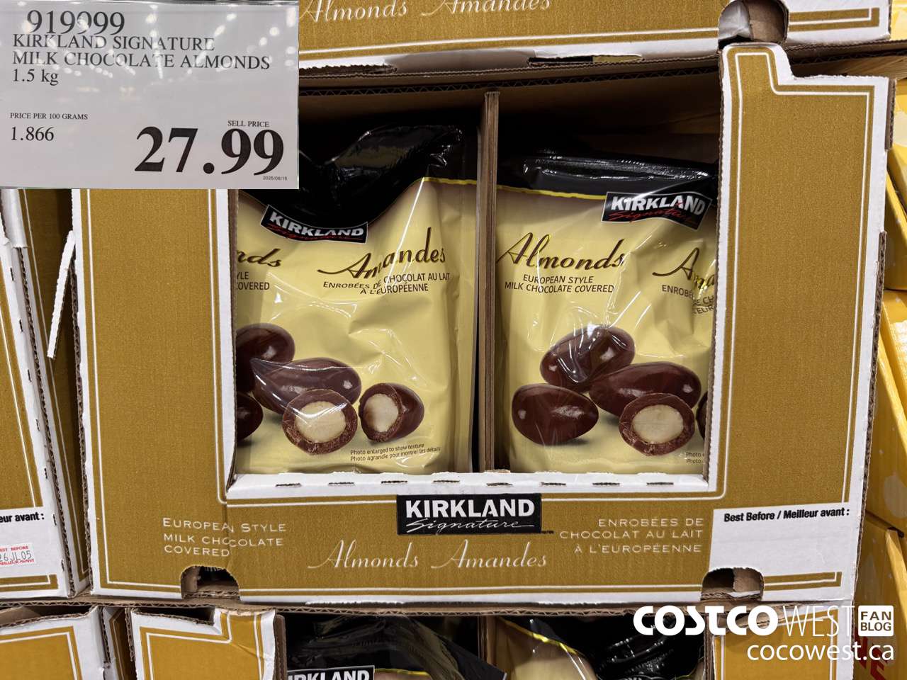 919999 KIRKLAND SIGNATURE MILK CHOCOLATE ALMONDS 1.5KG $27.99